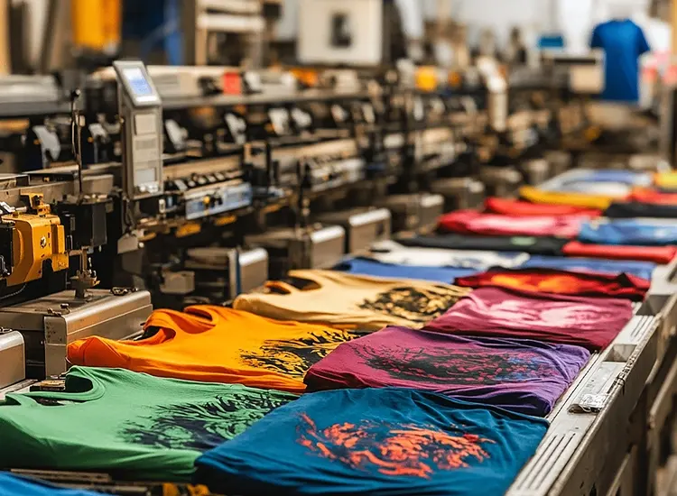 Printed shirts arranged beneath a garment printer