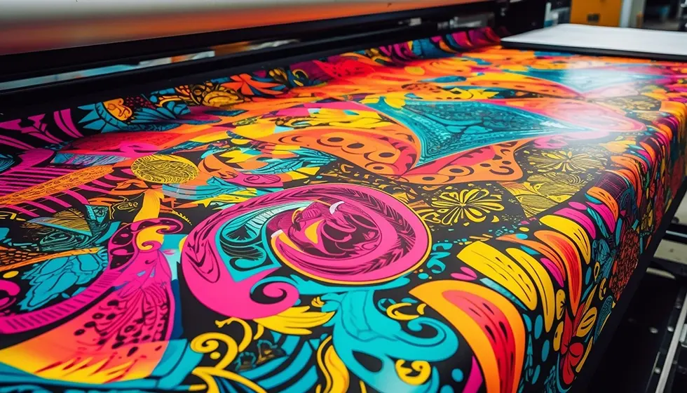 Colorful textile print beneath a printer