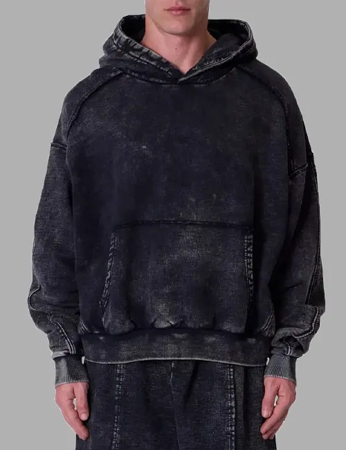 Frayed Seam Acid Wash Cotton Fleece Hoodie
