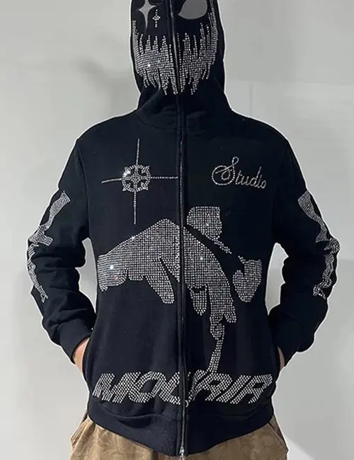 Rhinestone Hooded Loose Zipper Cardigan Hoodie