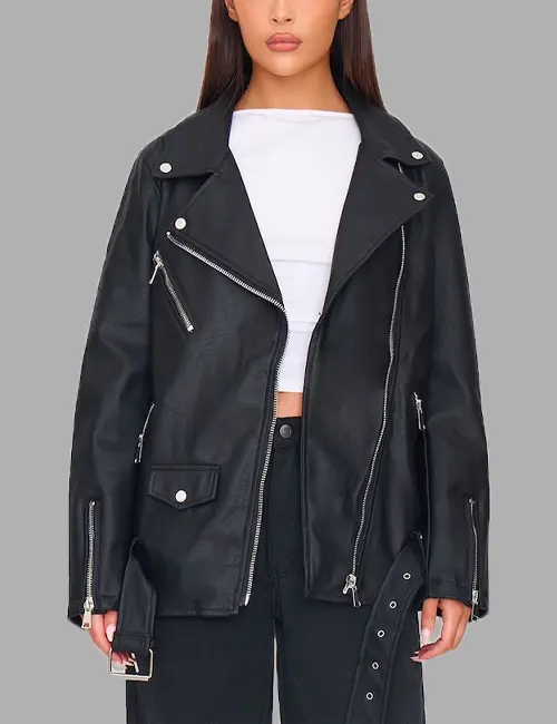 Black Faux Leather Long Belted Biker Jacket