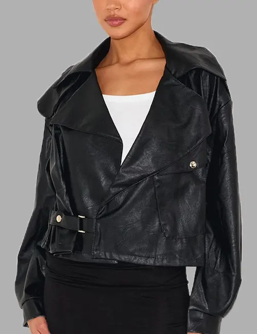 Black Textured Faux-Leather Biker Jacket