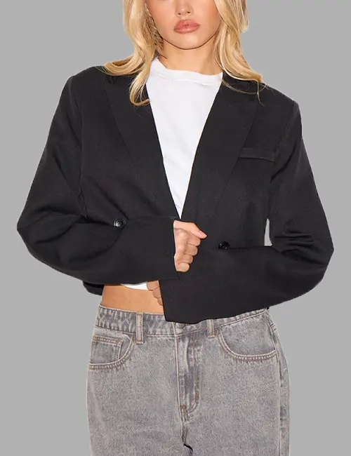 Black Woven Cropped Blazer with Padded Shoulders