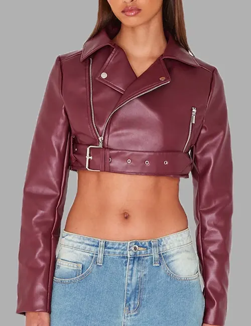 Burgundy Faux Leather Cropped Biker Jacket