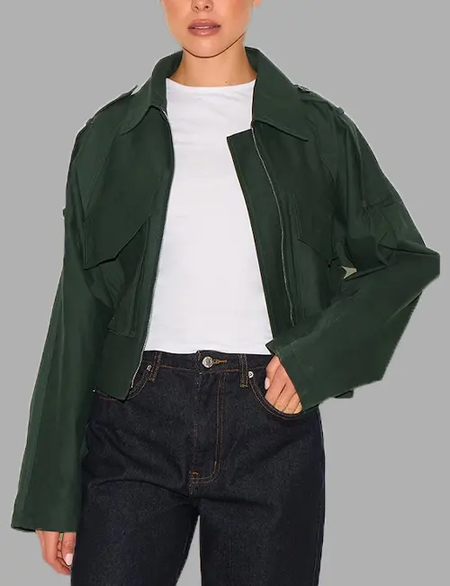 Dark Khaki Trench Detail Cropped Zip-Up Jacket