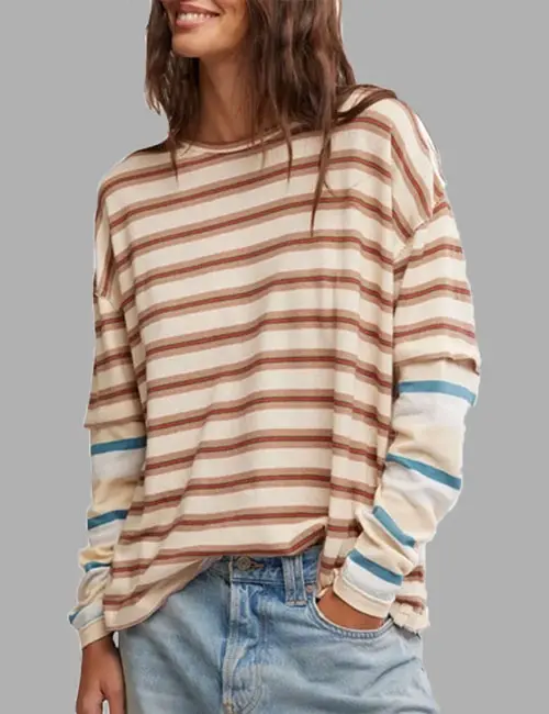 Stripe Layered Long Sleeve Cotton T-Shirt