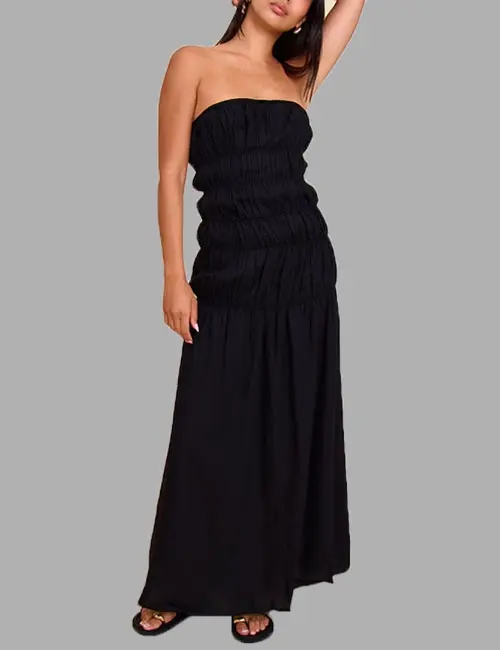 BLACK BANDEAU RUCHED DETAIL MAXI DRESS