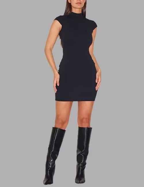 BLACK CONTOUR SCULPT CAP SLEEVE BODYCON DRESS
