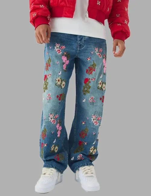 Baggy Fit Rigid Floral Embroidered Jeans