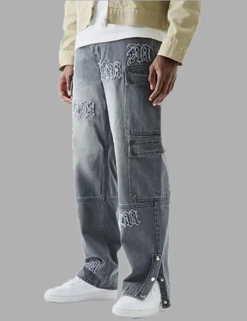 Baggy Rigid Bm Applique Multi Pocket Cargo Jeans In Grey