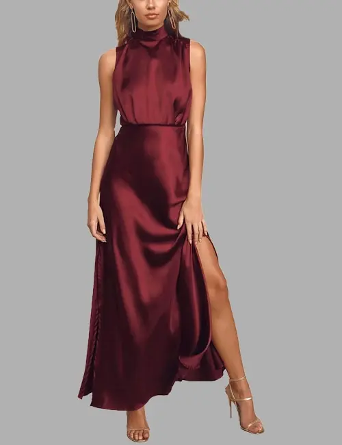 Classic Elegance Wine Satin Maxi Dress