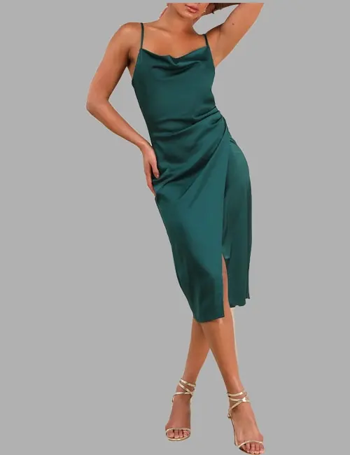 Hollywood Woman Forest Green Satin Midi Dress
