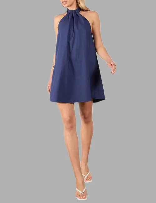 INDIGO BLUE LINEN-BLEND RUCHED HALTERNECK SHIFT DRESS
