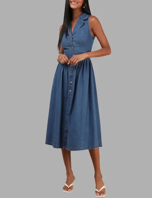 Levon Medium Wash Denim Button-Front Midi Dress