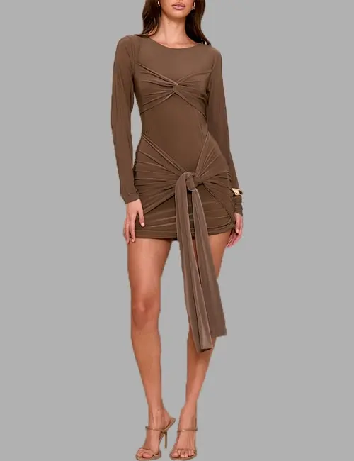 MUSHROOM SLINKY LONG SLEEVE WRAP TWIST DETAIL MINI DRESS