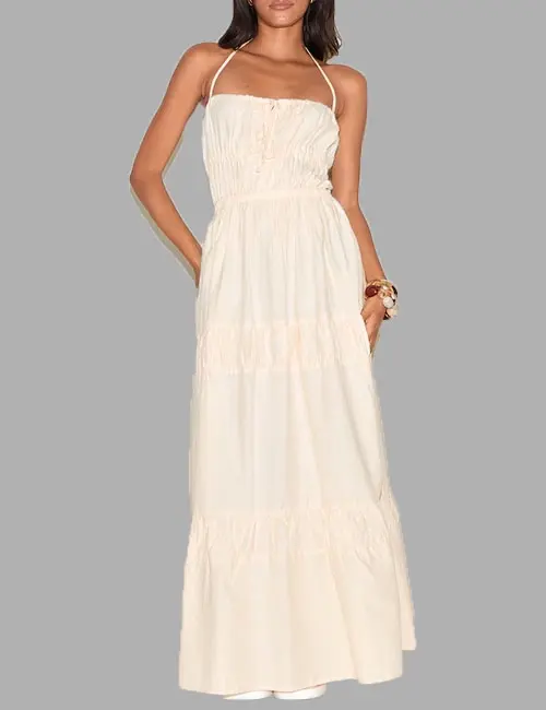 NATURAL RUCHED BACKLESS STRAPPY MAXI DRESS
