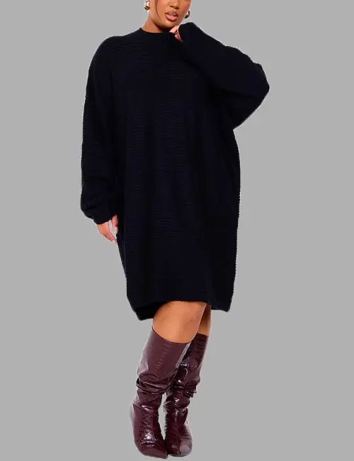 PLUS BLACK KNITTED HIGH NECK RIB JUMPER DRESS