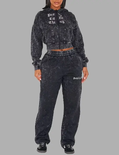 PRETTYLITTLETHING SHAPE CHARCOAL GREY PRINTED ZIP THROUGH WASHED HOODIE