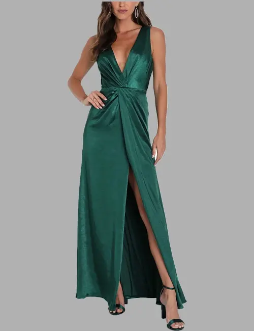 Perfect Refinement Emerald Satin Sleeveless Pleated Maxi Dress