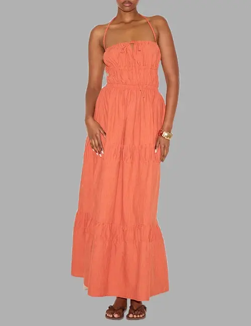 RUST RUCHED BACKLESS STRAPPY MAXI DRESS