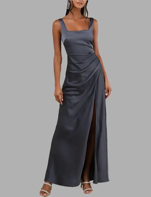 Romance Dark Grey Satin Square Neck Maxi Dress