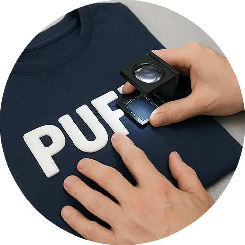 Close view of raised white lettering on dark garment fabric
