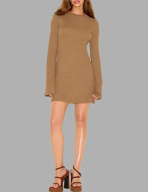 TAUPE TEXTURED BOAT NECK LONG SLEEVE SHIFT DRESS