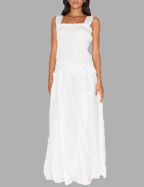 WHITE SHIRRED FRILL DETAIL MAXI DRESS
