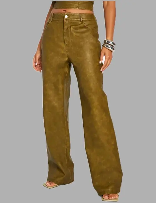 Washed Faux Leather Straight Leg Trousers