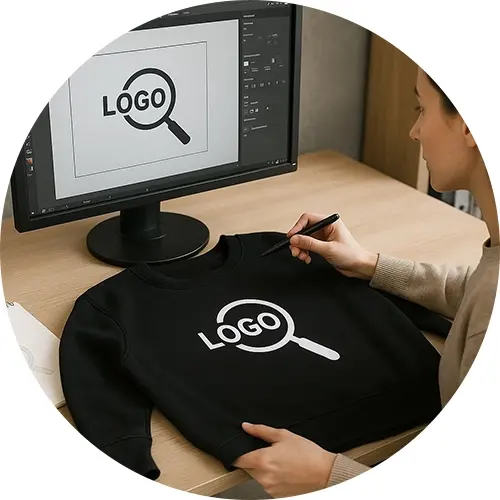 Artwork on a monitor beside a printed shirt used as a placement reference