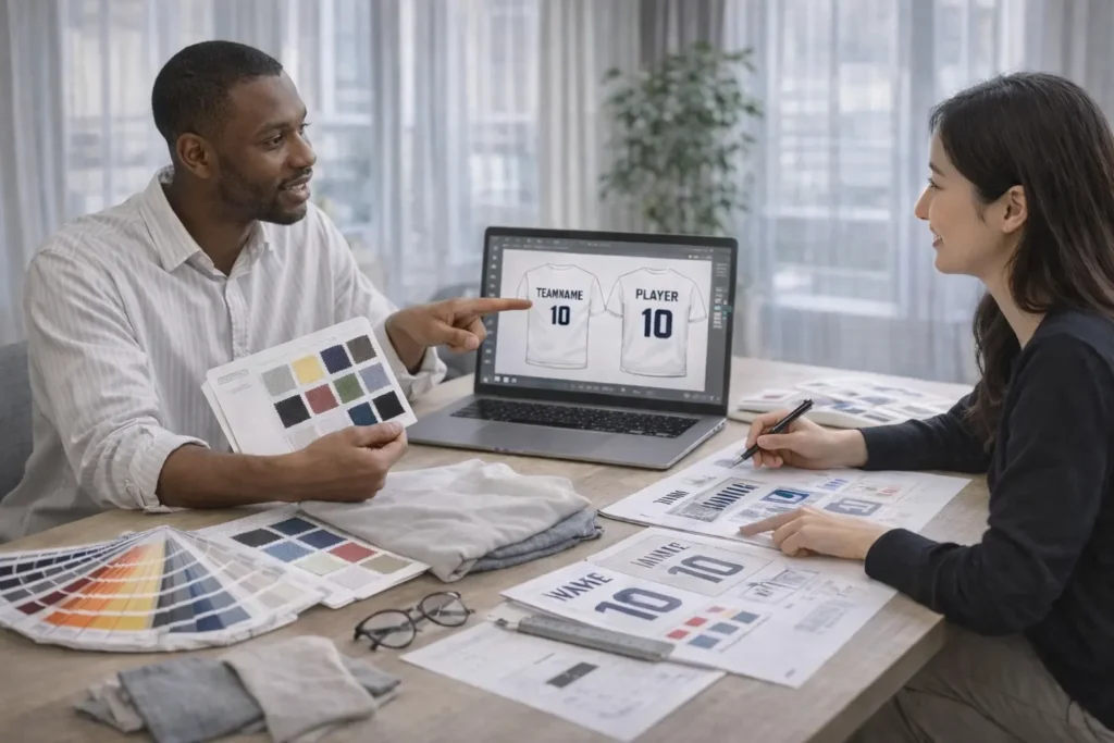 Discussing Football T-Shirt Designs with a Client