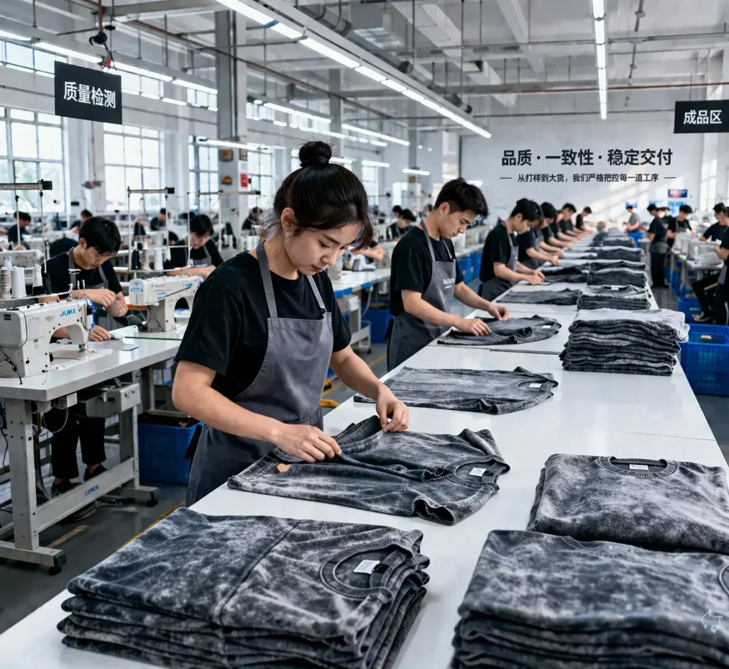 Workers are sorting acid washed T-shirts