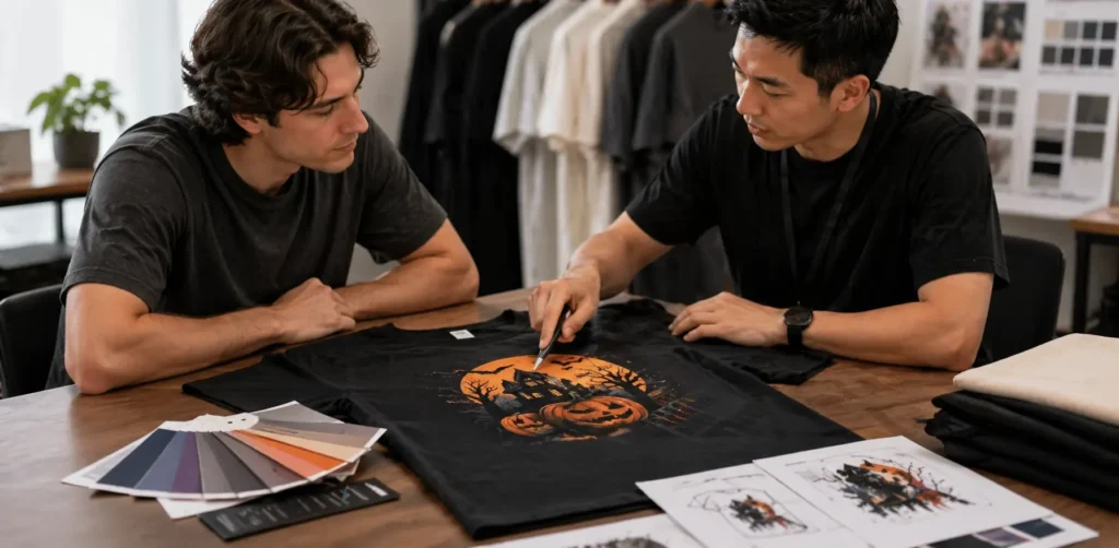 custom-halloween-tshirt-consultation-print-design-discussion