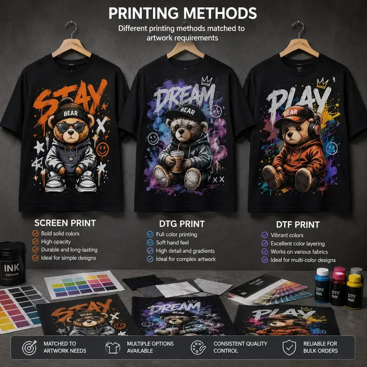 Custom bear T-shirt printing methods with screen print DTG and DTF graphic effects