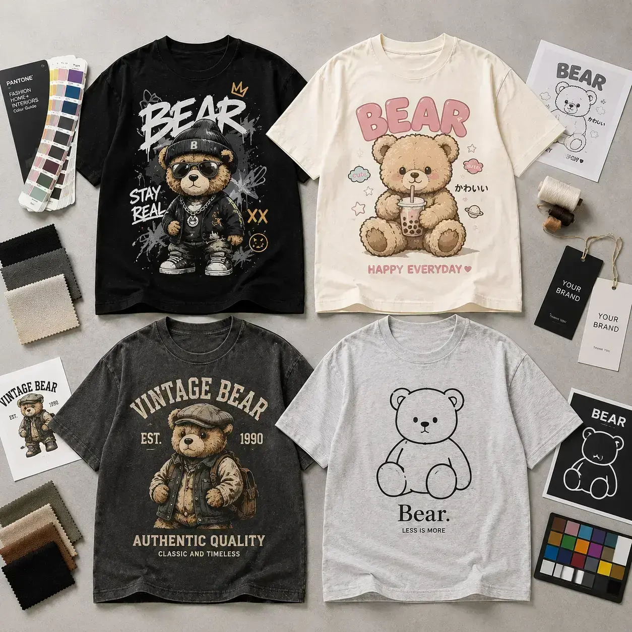 Custom bear graphic T-shirt styles with different printing designs and fabric color options