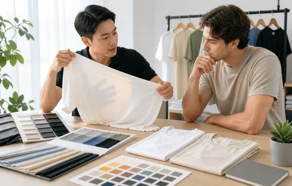 tshirt-fabric-consultation-lightweight-gsm-decision-scene