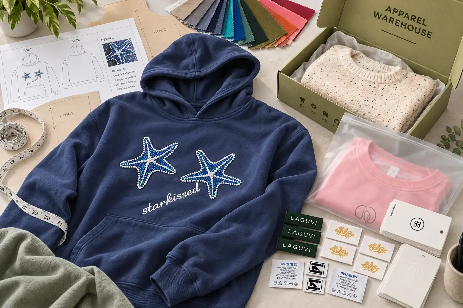 Clothing sample with fabric and branding materials