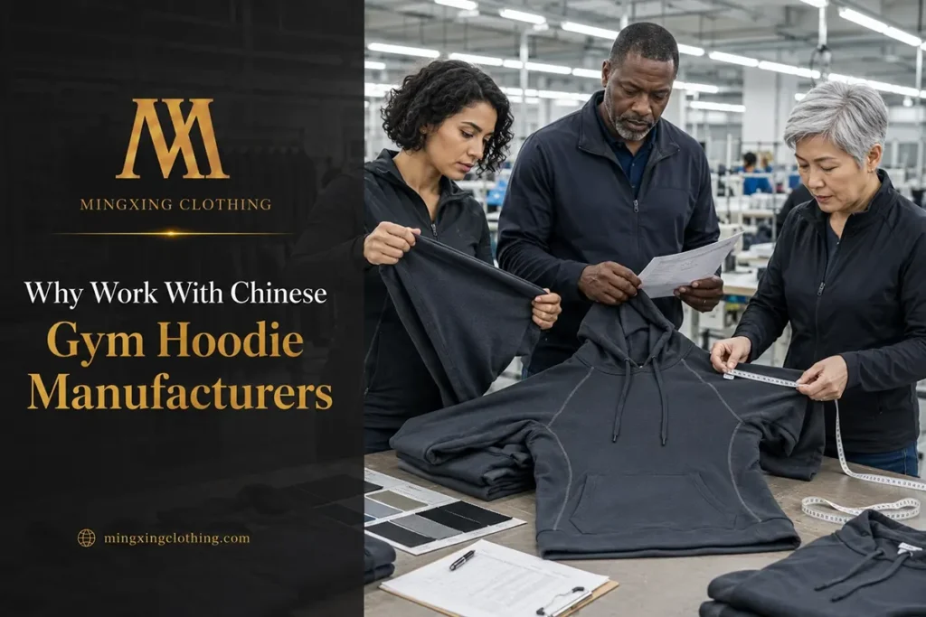 People discussing gym hoodie productionGym Hoodie Manufacturers