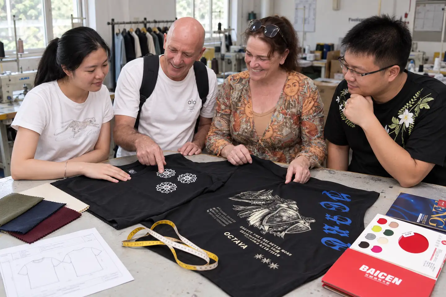 Four people reviewing black graphic T-shirt samples with fabric swatches, a measuring tape and a garment sketch.