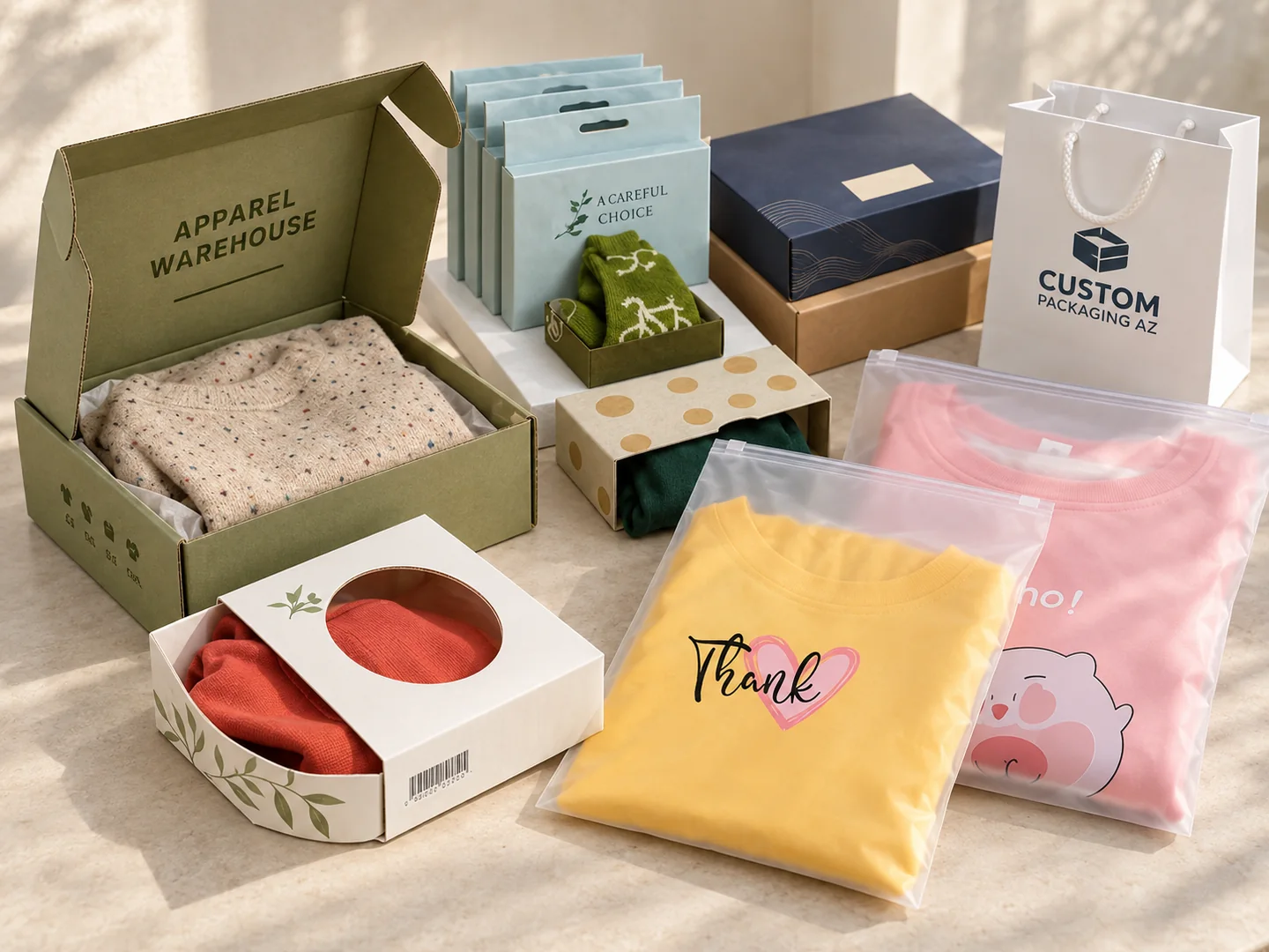 Clothing packaging bags and boxes