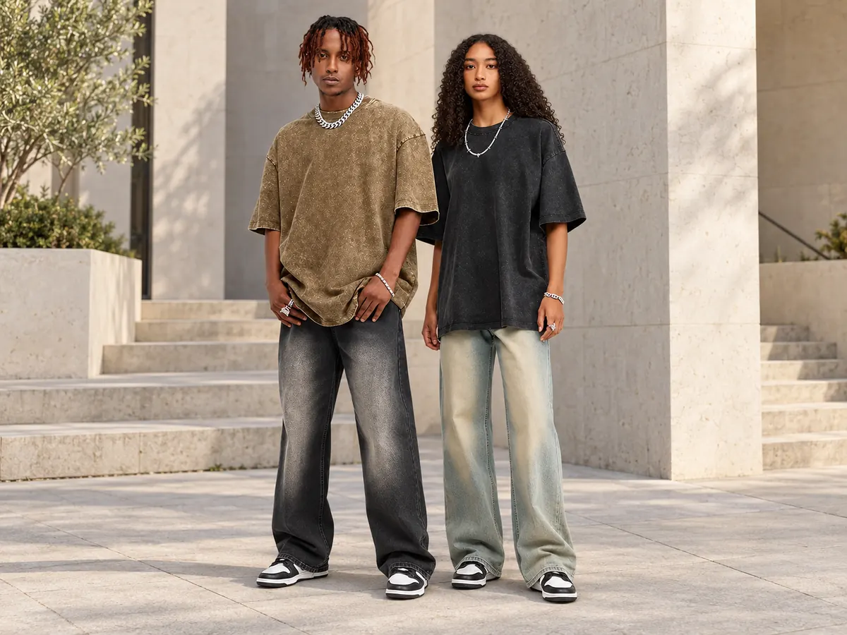 Models wearing washed brown and black oversized T-shirts