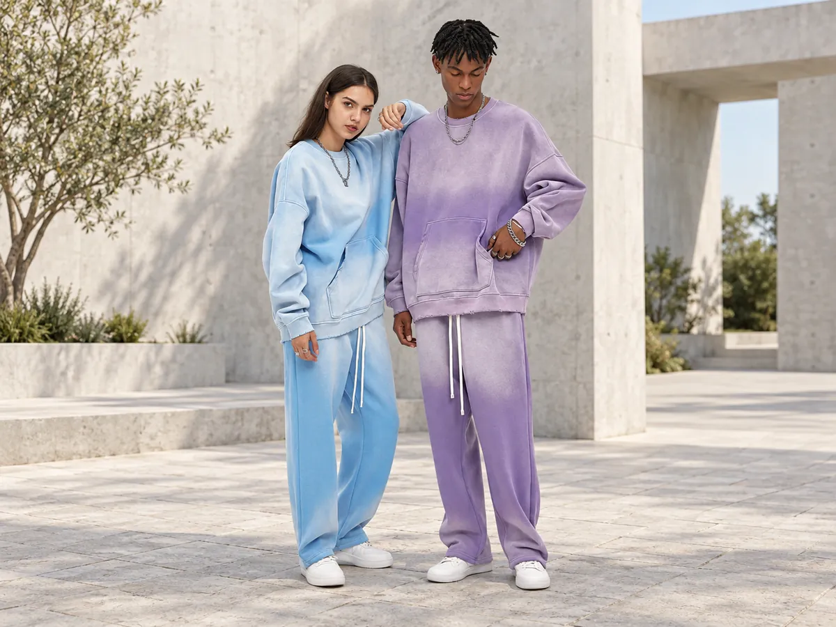 Models wearing light-blue and lavender matching tracksuits