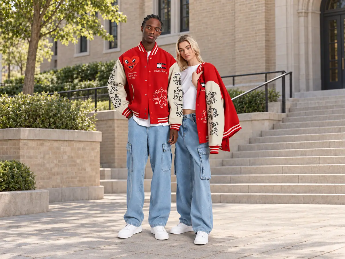 Models wearing red and cream graphic varsity jackets