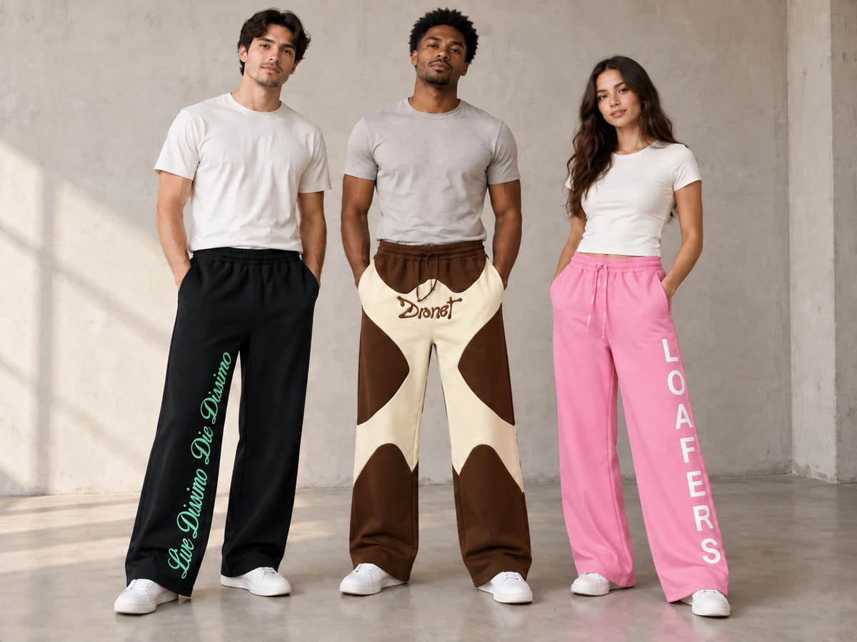 Three models wearing printed and color-block wide-leg sweatpants