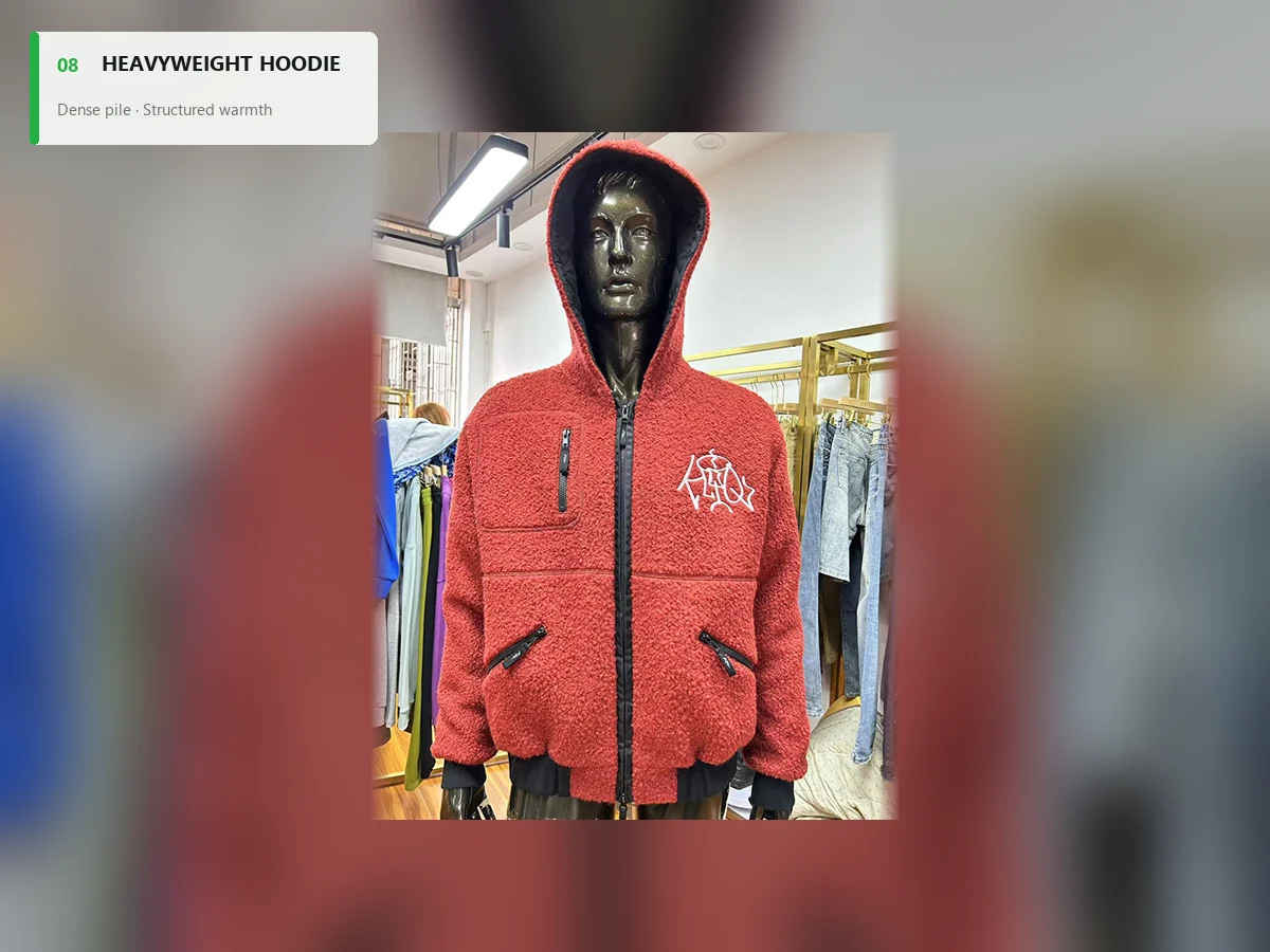 Red heavyweight sherpa zip hoodie with a dense textured surface and zip pockets