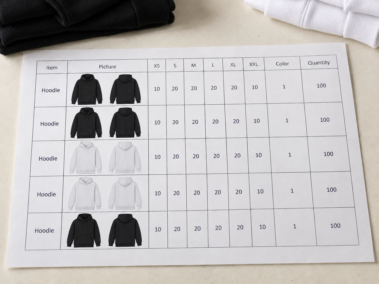 Hoodie quantity sheet