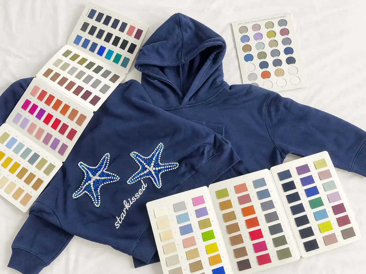 Hoodie and fabric swatches