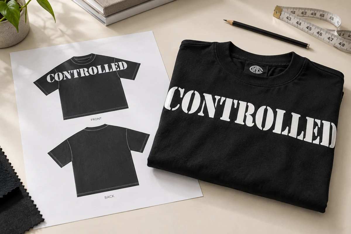 T shirt design sketches beside a folded black sample with white lettering