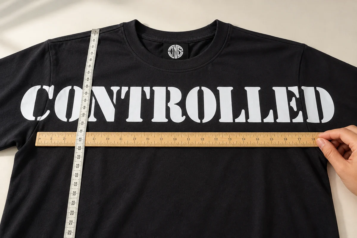 Ruler and measuring tape positioned across a black T shirt with white lettering