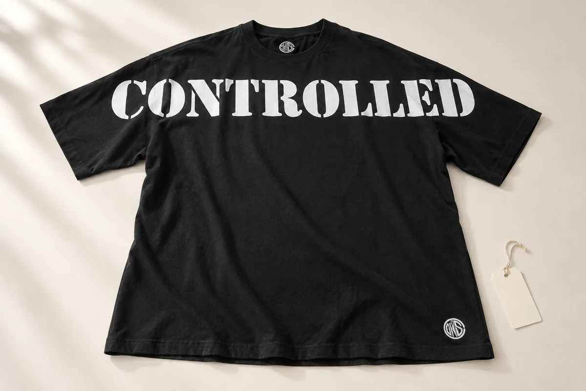 Black printed T shirt laid flat with white lettering and a blank sample tag